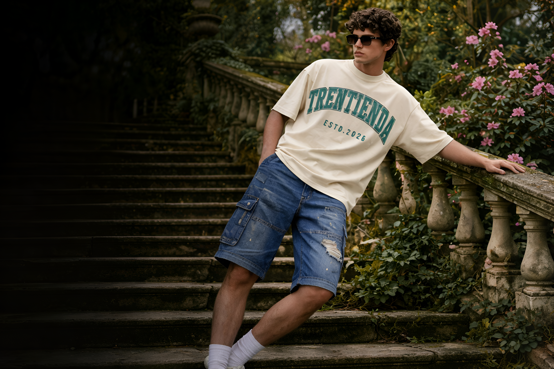 Person wearing a 'Trentienda' t-shirt standing on stone steps with greenery in the background